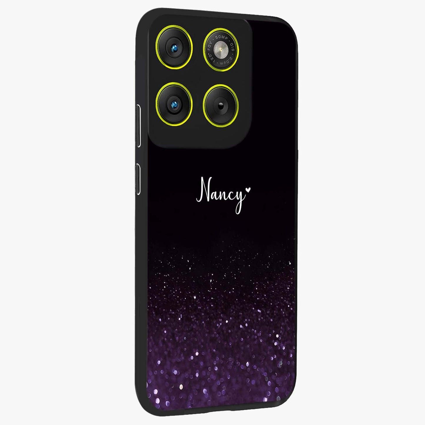 Glittery Purple Bokeh Custom Name Glass Case upright view showcasing vibrant purple sparkle artwork with personalized aesthetic style.