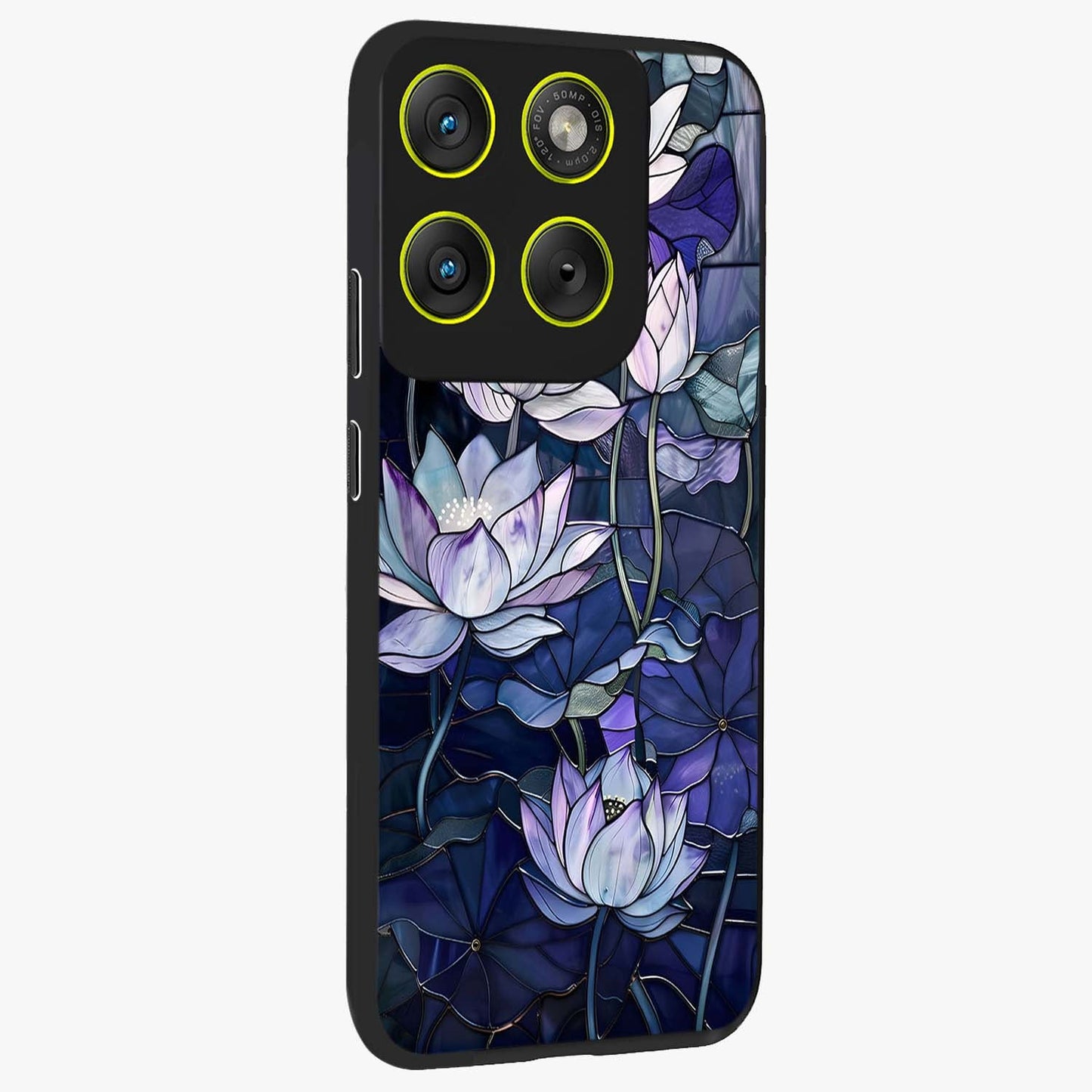 Gloss Petal Rush Glass Case upright view showcasing dynamic floral petal artwork with modern botanical theme.