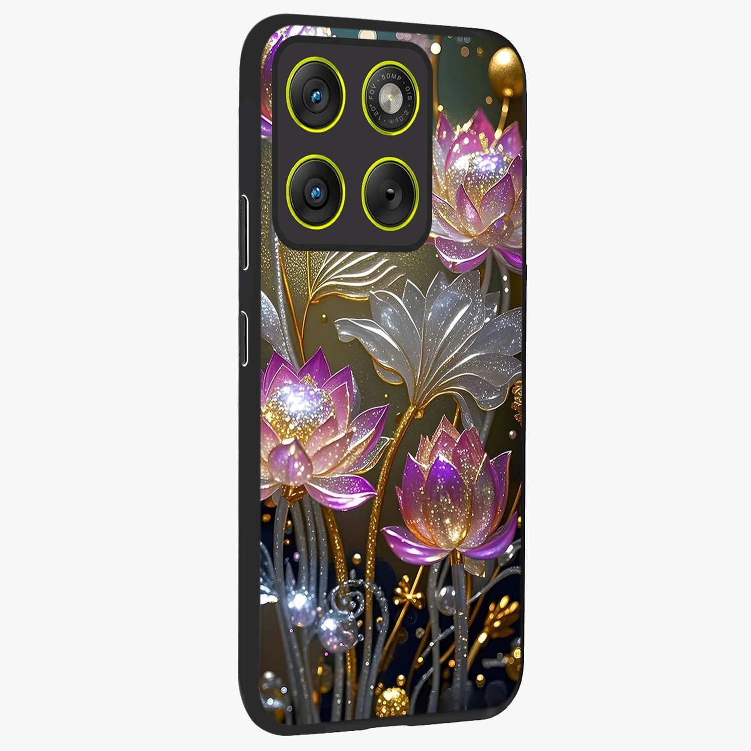 Golden Floral Majesty Glass Case upright view showcasing majestic floral artwork with rich decorative theme.