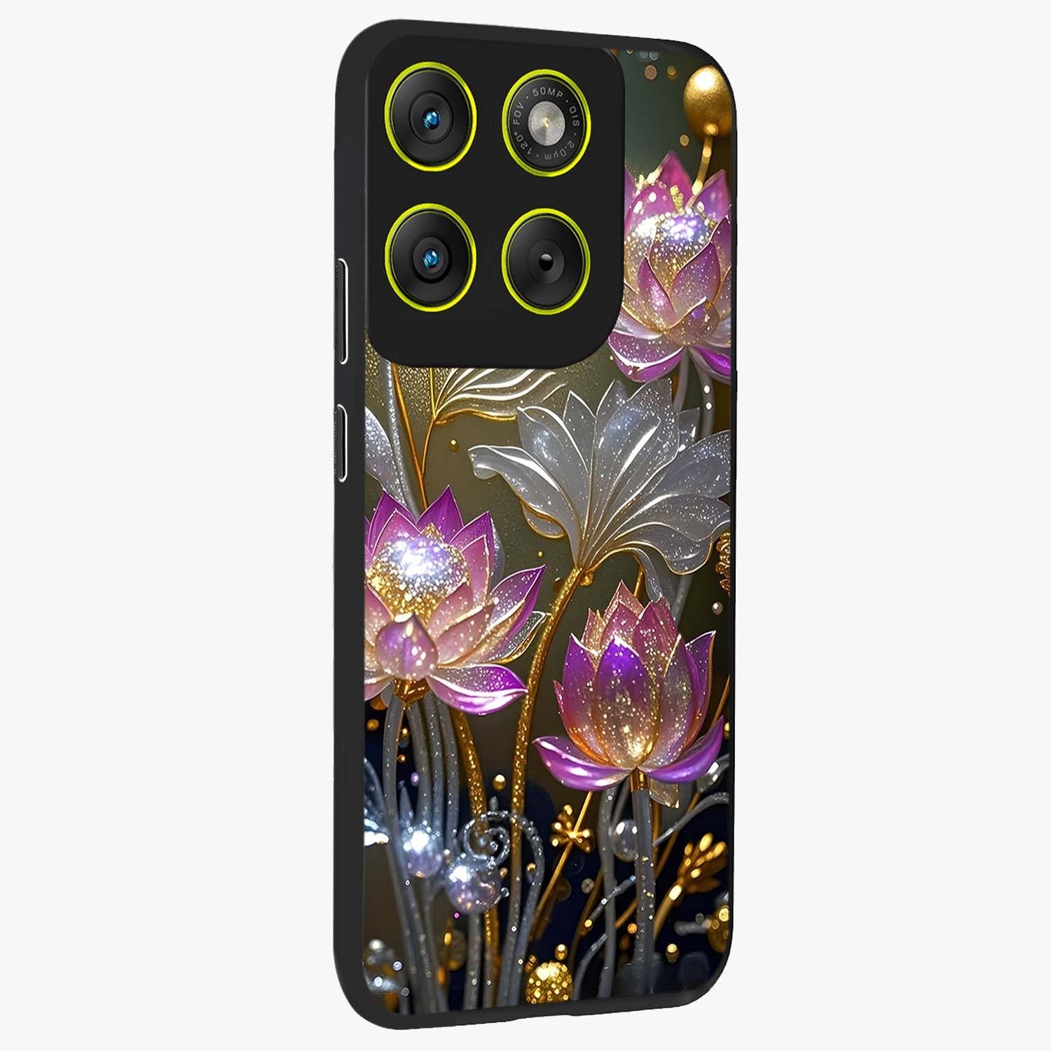 Golden Floral Majesty Glass Case upright view showcasing majestic floral artwork with rich decorative theme.