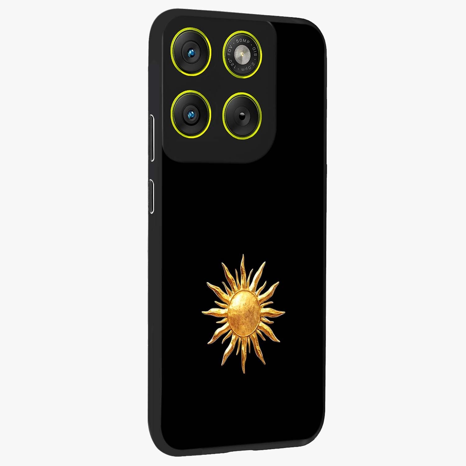 Golden Sun Minimalism Glass Case upright view showcasing haunting graveyard artwork with dramatic dark theme.