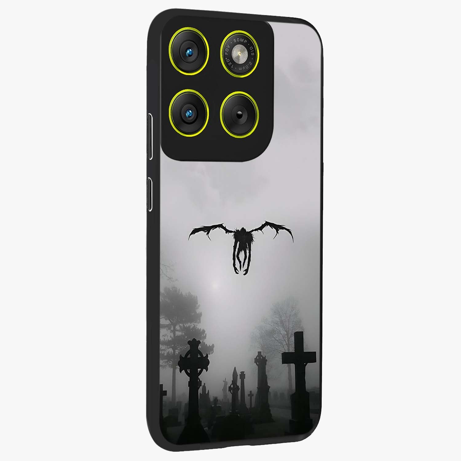 Graveyard Shadow Descent Glass Case upright view showcasing haunting graveyard artwork with dramatic dark theme.