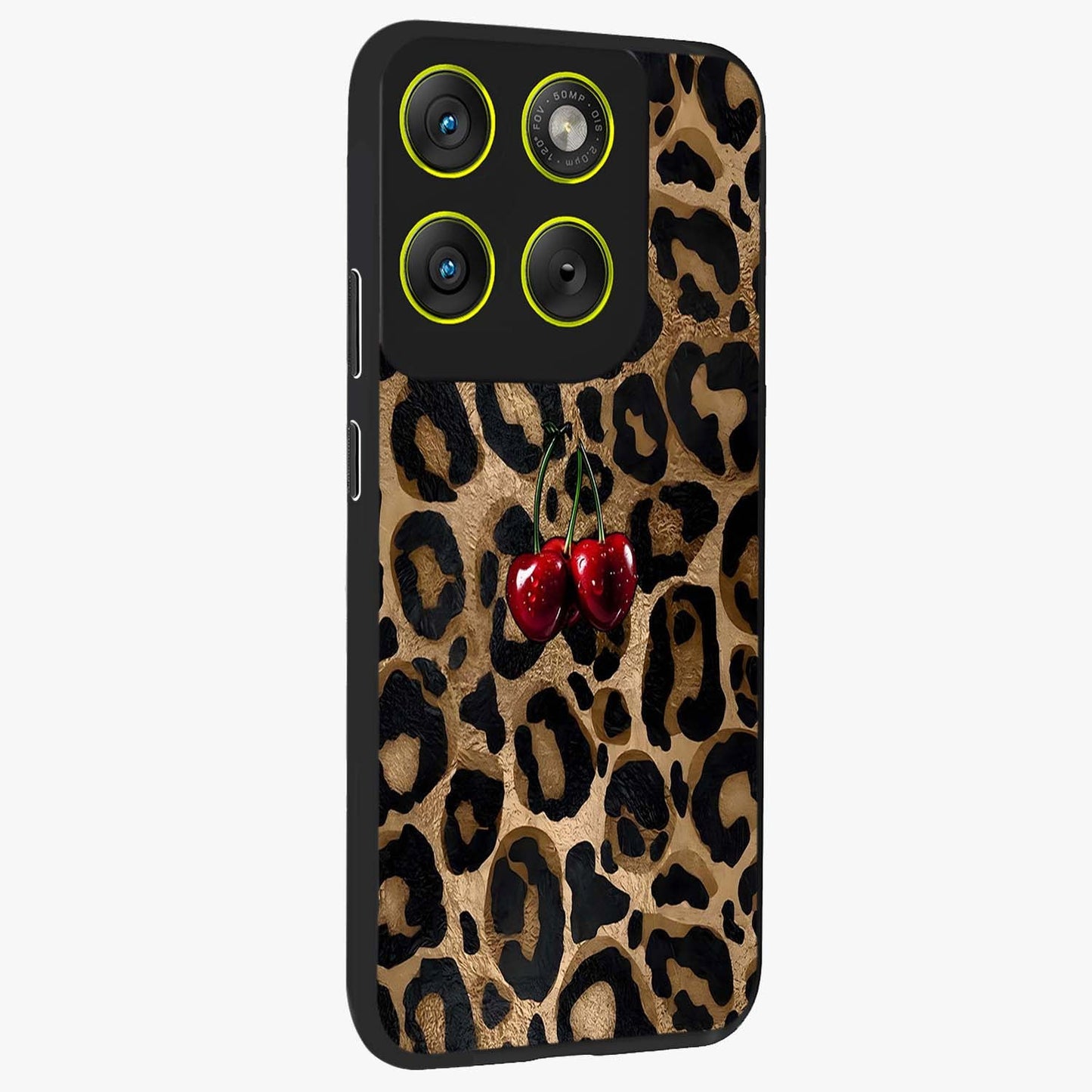 Leopard Wild Cherry Glass Case upright view showcasing stylish leopard pattern artwork with trendy fashion theme.