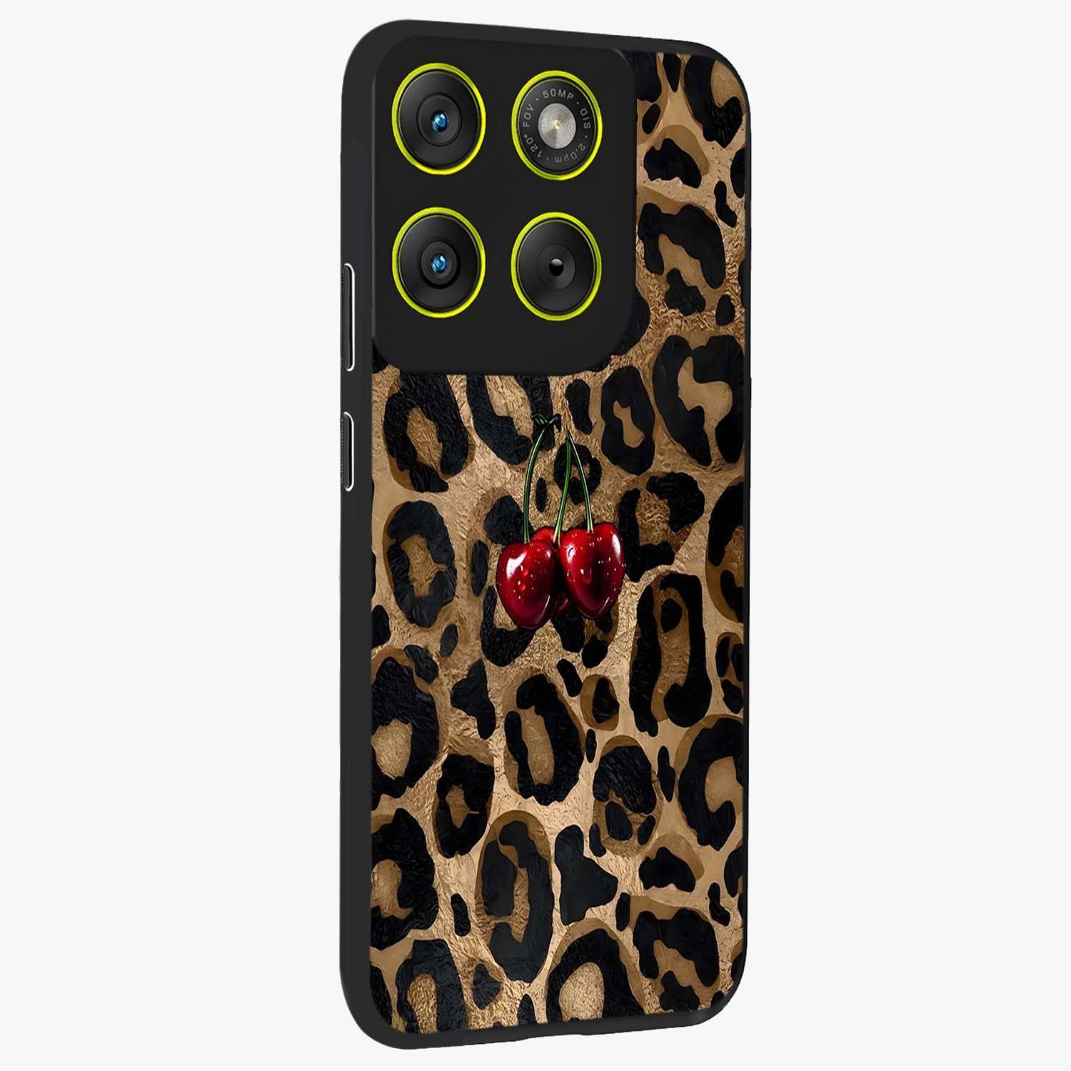 Leopard Wild Cherry Glass Case upright view showcasing stylish leopard pattern artwork with trendy fashion theme.