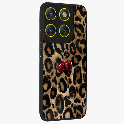 Leopard Wild Cherry Glass Case upright view showcasing stylish leopard pattern artwork with trendy fashion theme.