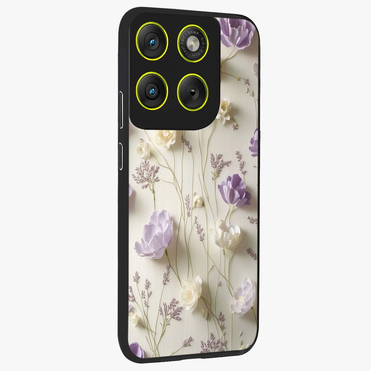 Lilac Breeze Harmony Glass Case upright view showcasing delicate lilac artwork with peaceful floral theme.