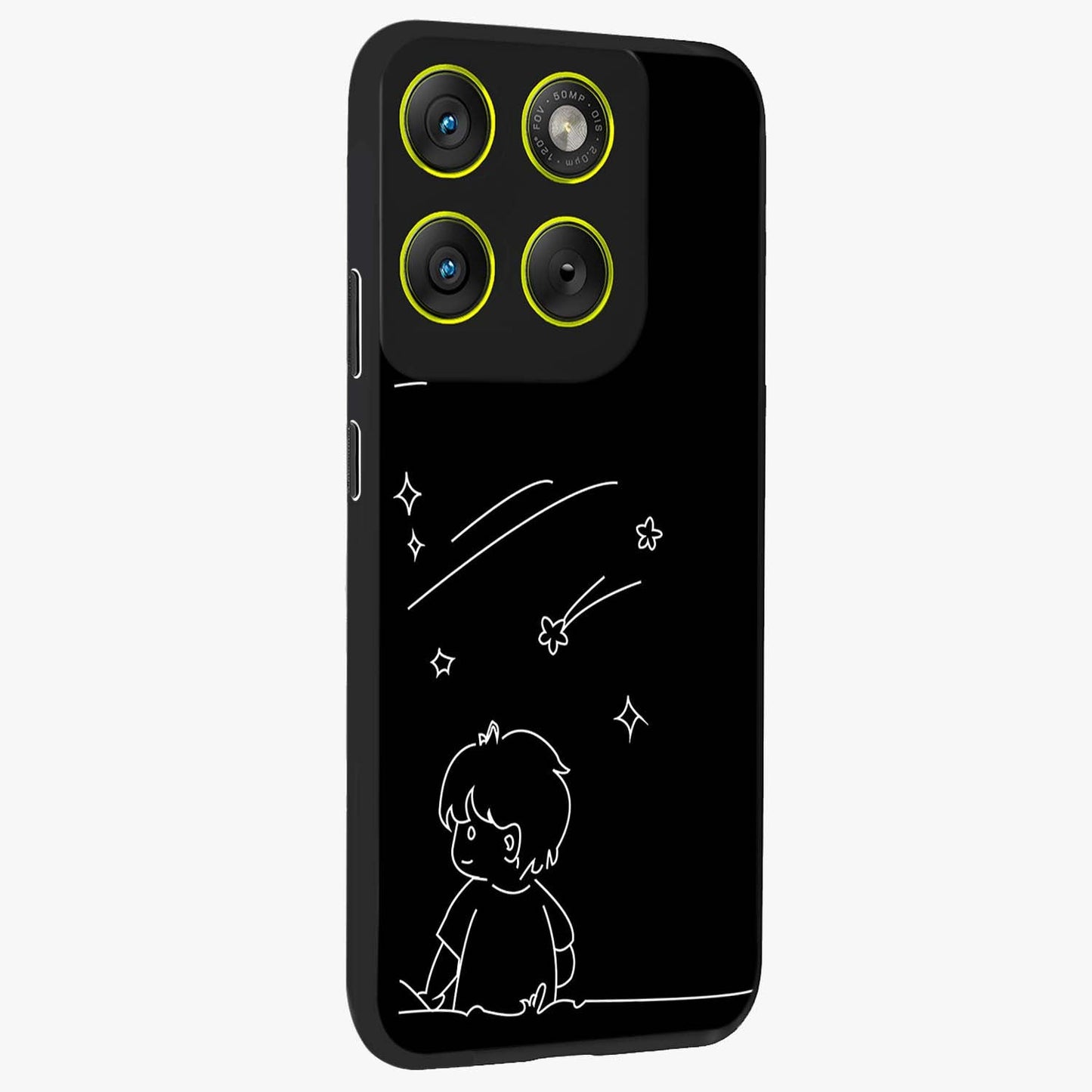 Line Art Boy With Shooting Stars Glass Case upright view showcasing artistic shooting star illustration with minimal style.