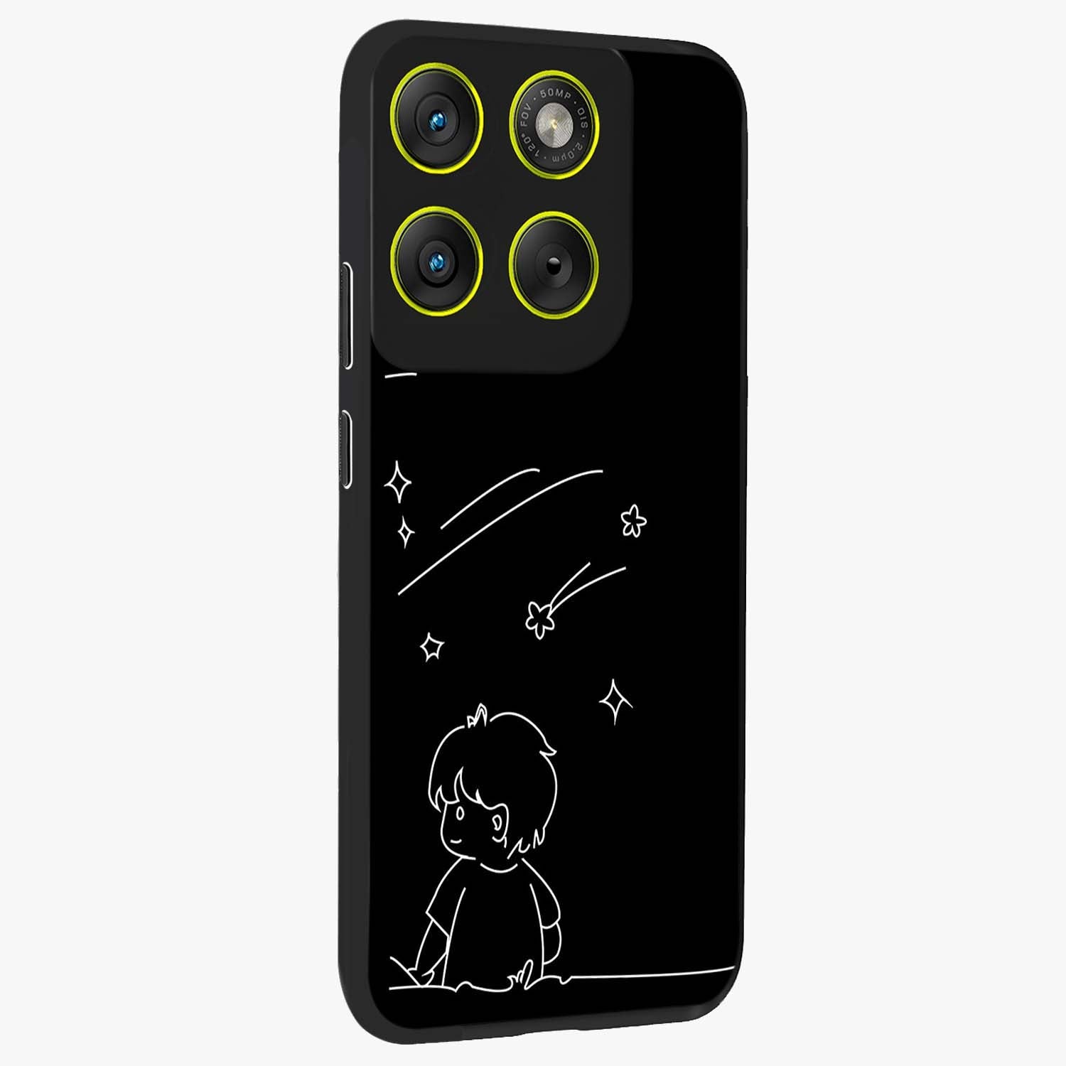 Line Art Boy With Shooting Stars Glass Case upright view showcasing artistic shooting star illustration with minimal style.