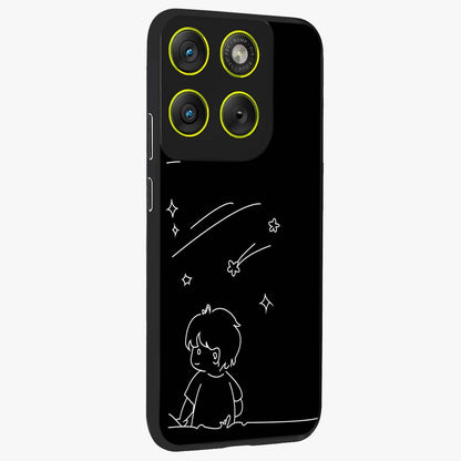 Line Art Boy With Shooting Stars Glass Case upright view showcasing artistic shooting star illustration with minimal style.
