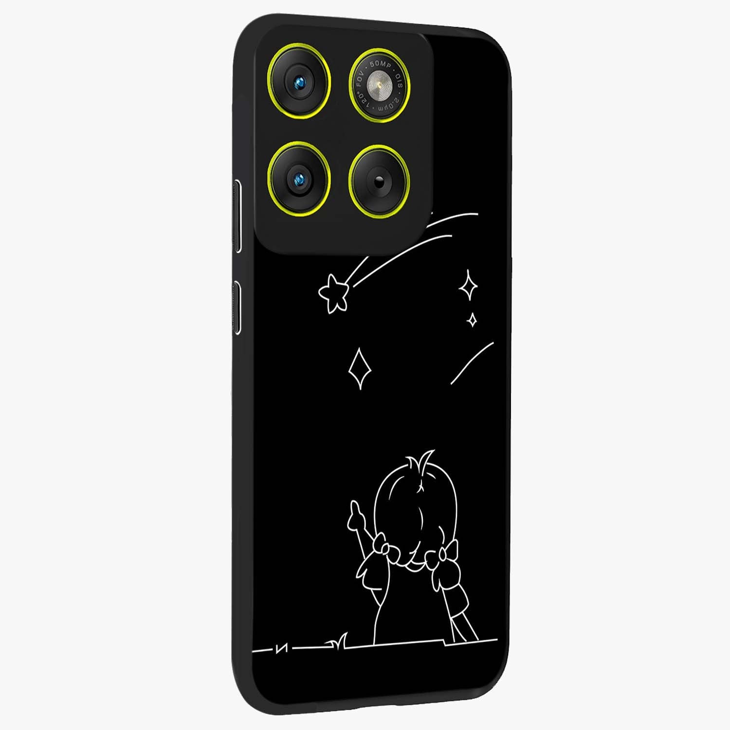 Line Art Girl With Shooting Stars Glass Case upright view showcasing delicate shooting stars artwork with minimal artistic theme.