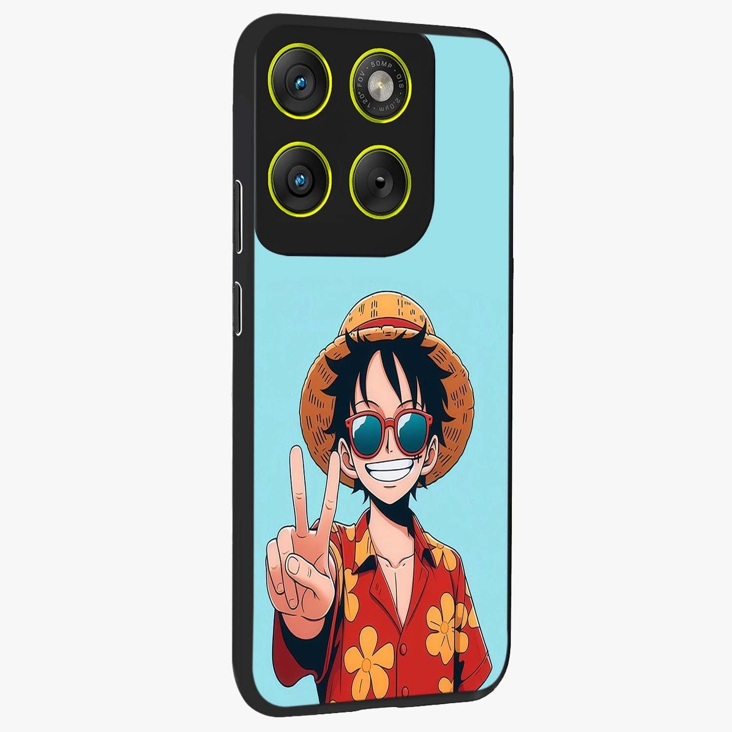 Luffy Summer Anime Vibe Glass Case upright view showcasing dynamic anime artwork with bright adventurous theme.