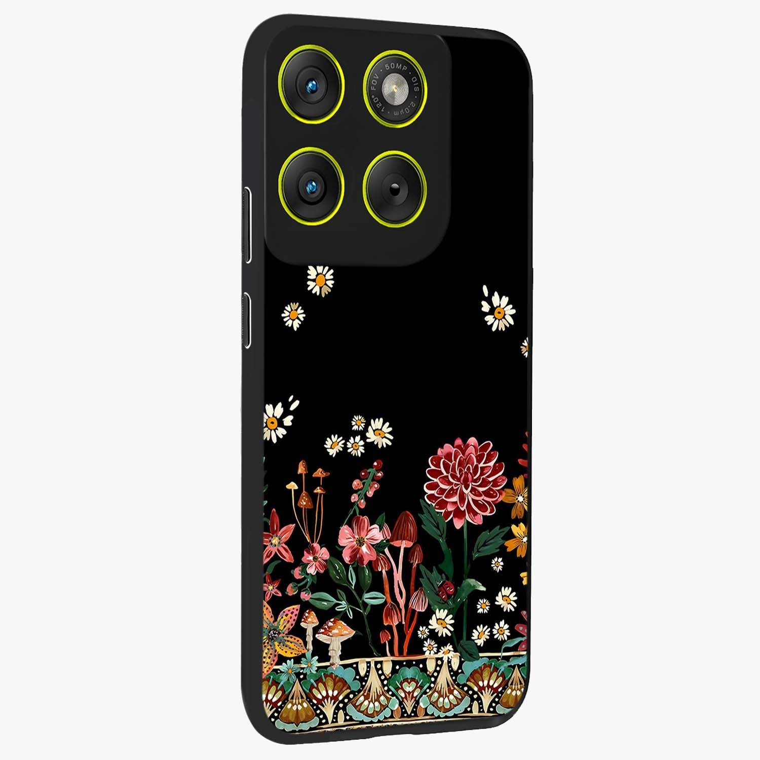 Midnight Bloom Pattern Glass Case upright view showcasing decorative floral artwork with deep night themed palette.