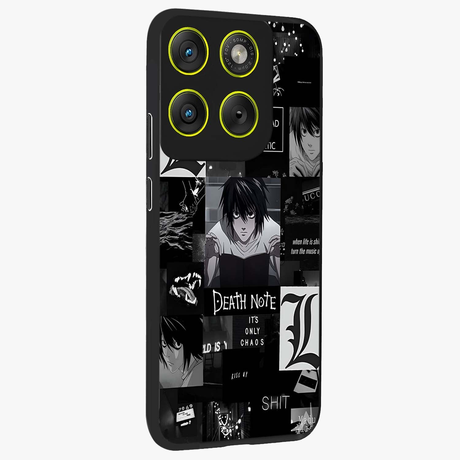 Midnight Chaos Mind Glass Case upright view showcasing expressive abstract artwork with bold dark theme.