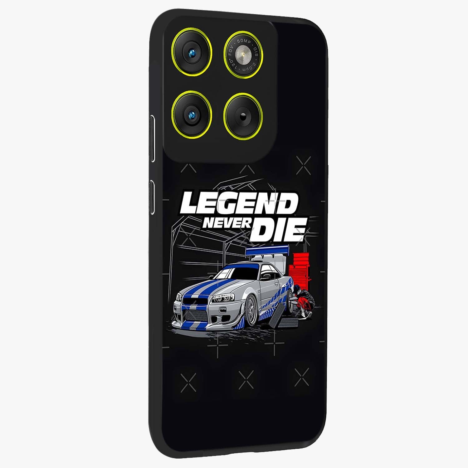 Midnight Racing Legacy Glass Case upright view showcasing powerful racing artwork with modern sports theme.