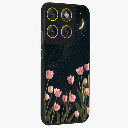 Midnight Tulip Whispers Vibe Glass Case upright view showcasing graceful tulip artwork with calm botanical theme.