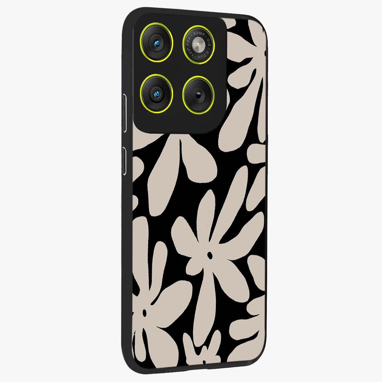 Monochrome Petal Dance Glass Case upright view showcasing artistic floral pattern with stylish monochrome theme.