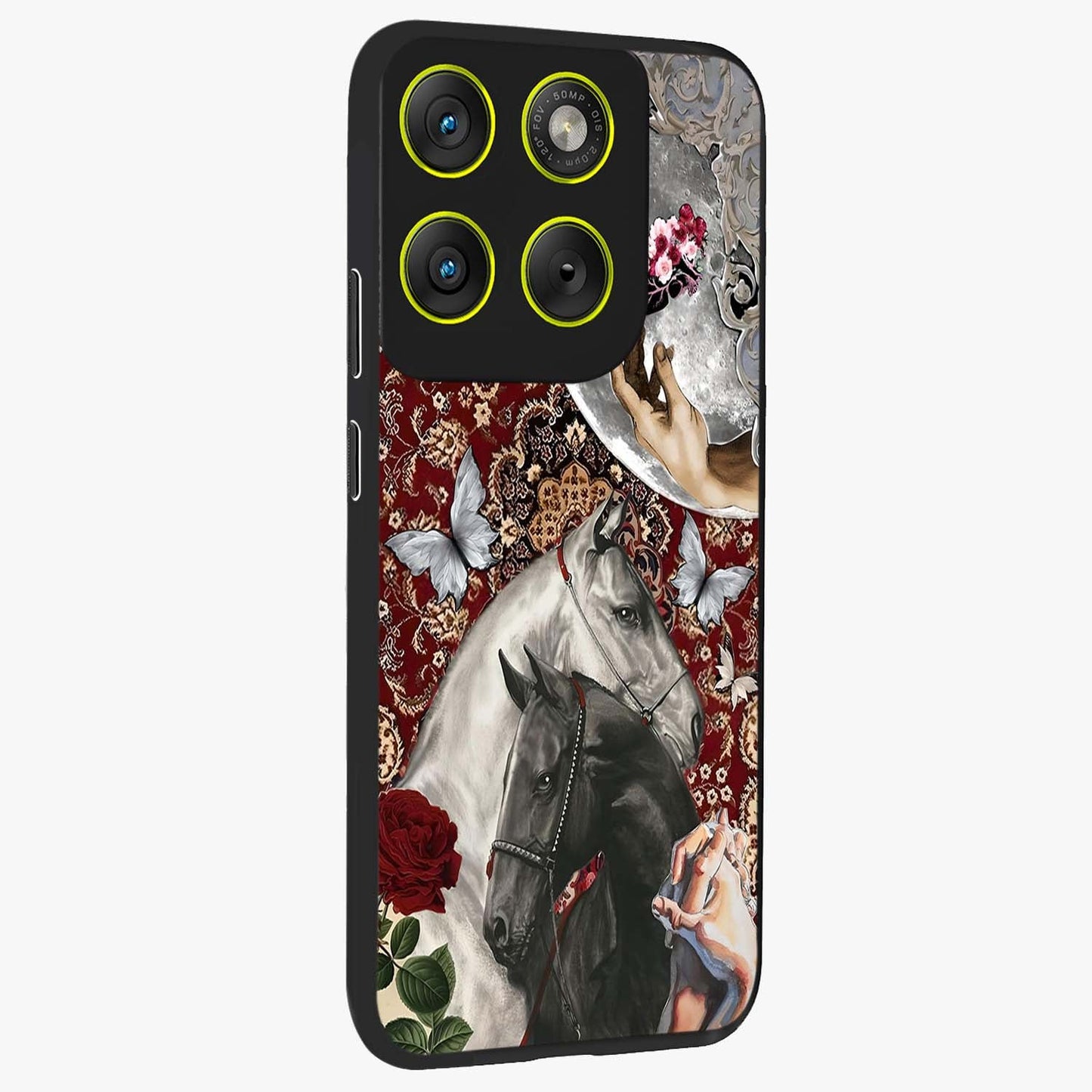 Moonlit Royal Stallion Glass Case upright view showcasing dramatic horse artwork with glowing moon themed design.