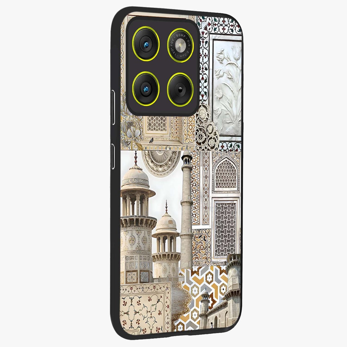 Mughal Marble Legacy Glass Case upright view showcasing ornate Mughal design with luxurious traditional theme.