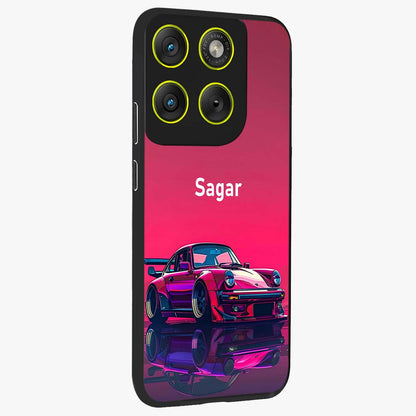 Neon Pink Porsche Glass Case upright view showcasing vibrant sports car artwork with bold automotive theme.
