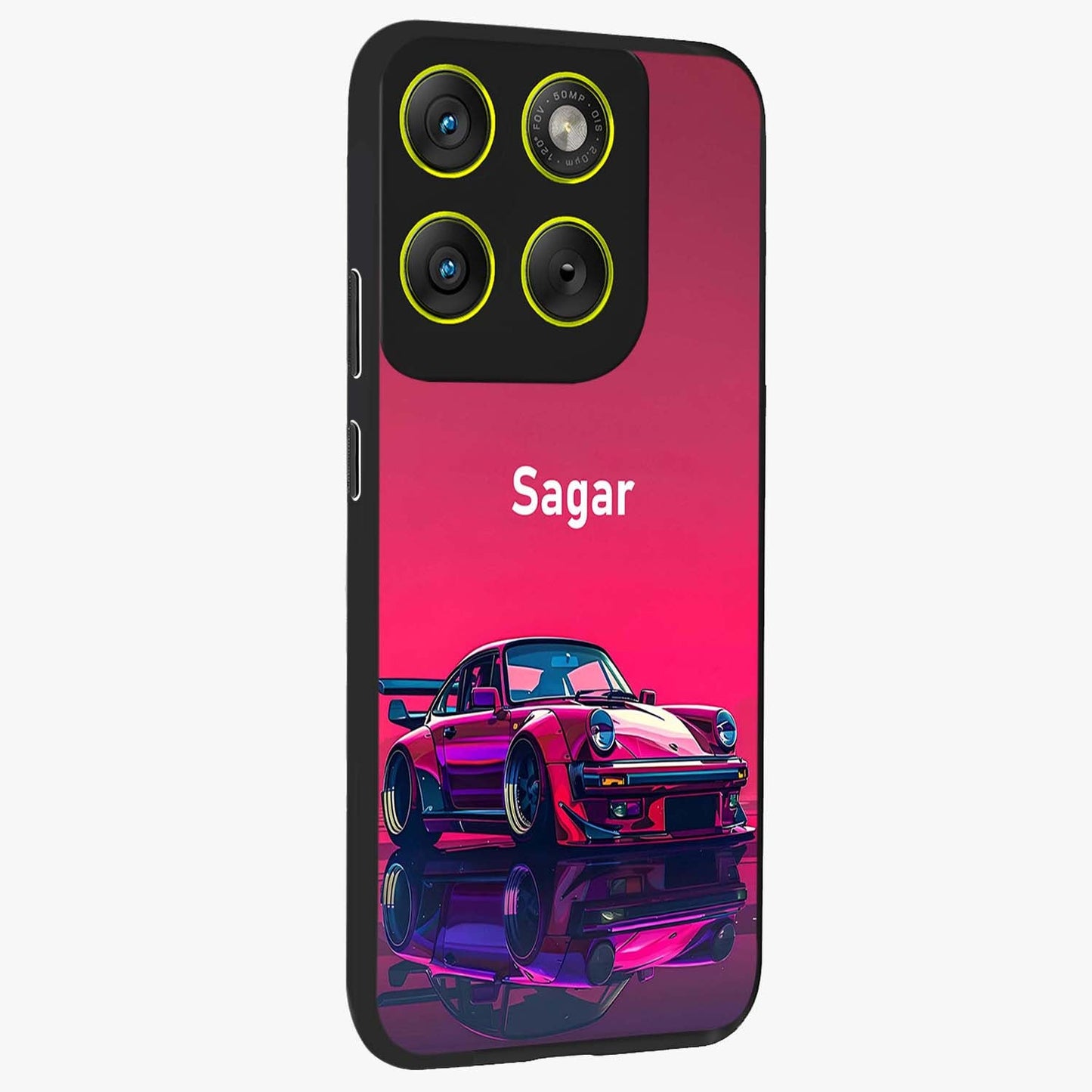 Neon Pink Porsche Glass Case upright view showcasing vibrant sports car artwork with bold automotive theme.