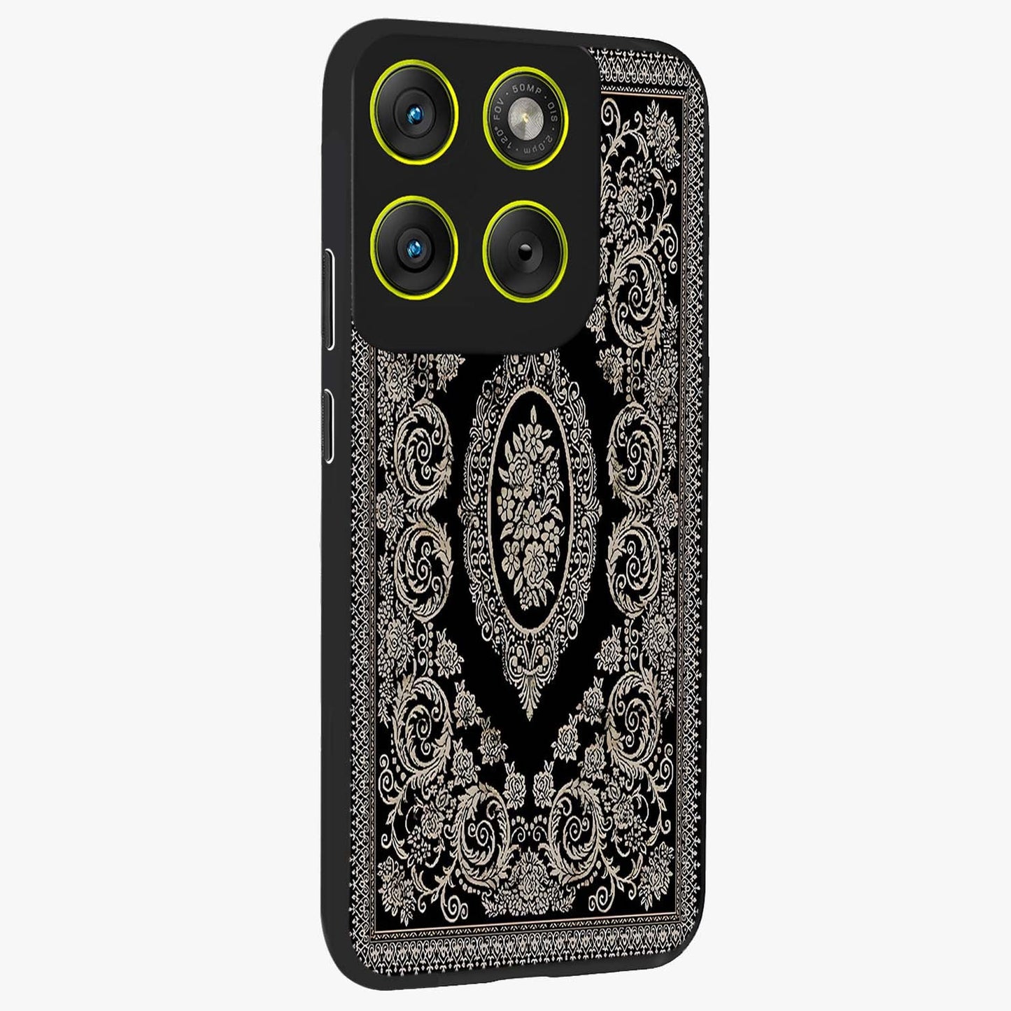Noir Bloom Elegance Glass Case upright view showcasing graceful floral artwork with luxurious dark theme.