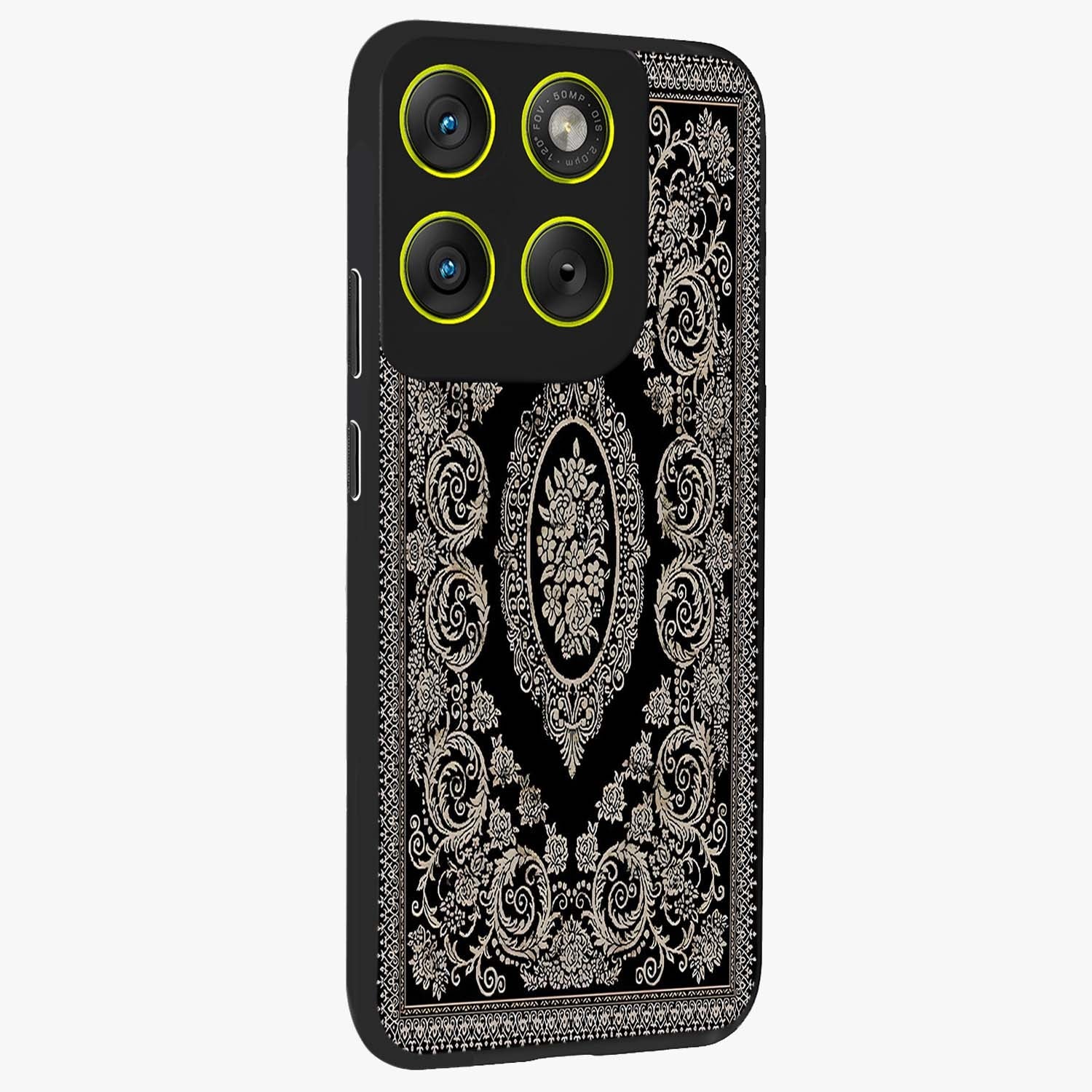 Noir Bloom Elegance Glass Case upright view showcasing graceful floral artwork with luxurious dark theme.