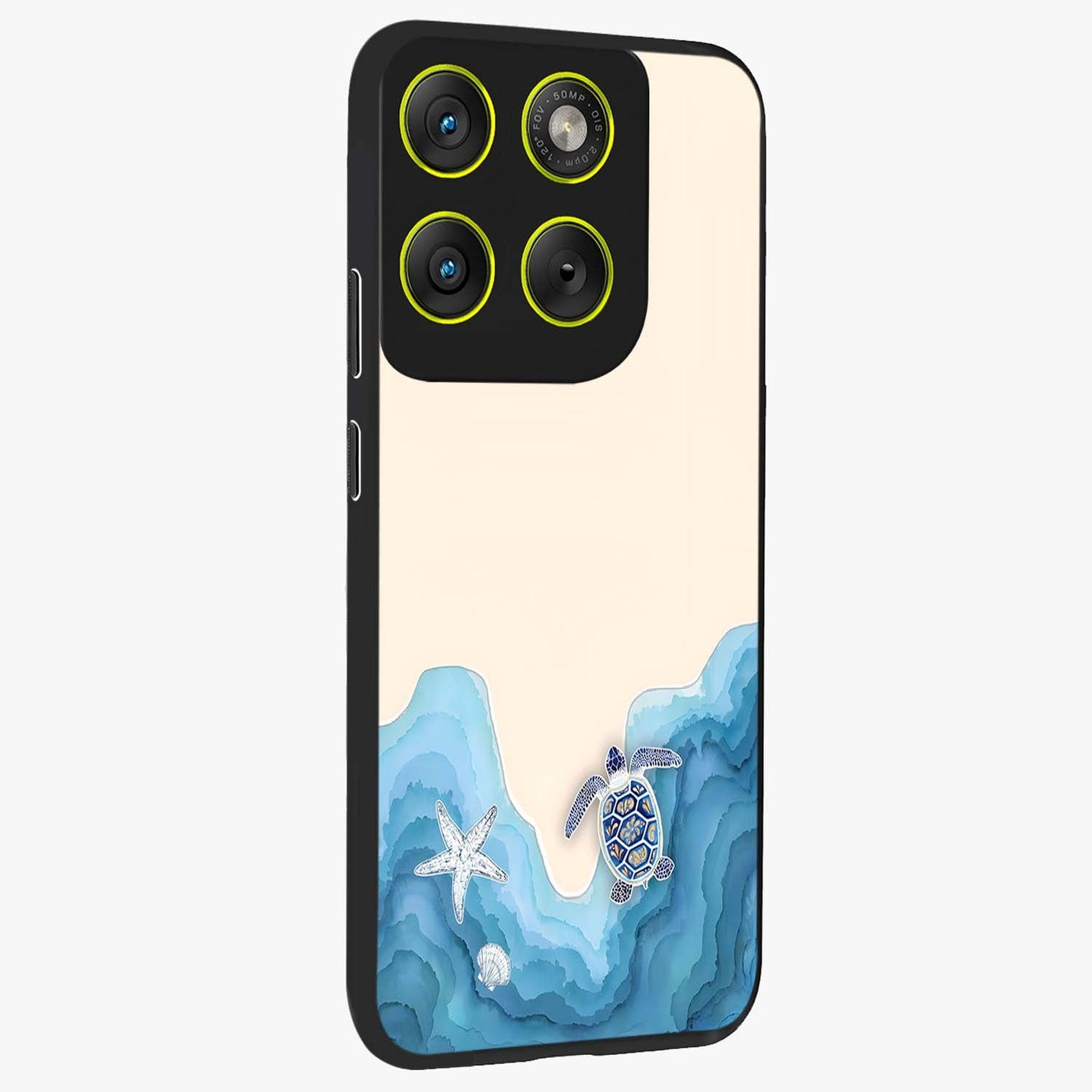 Ocean Drift Turtle Glass Case upright view showcasing calm underwater turtle artwork with nature inspired theme.