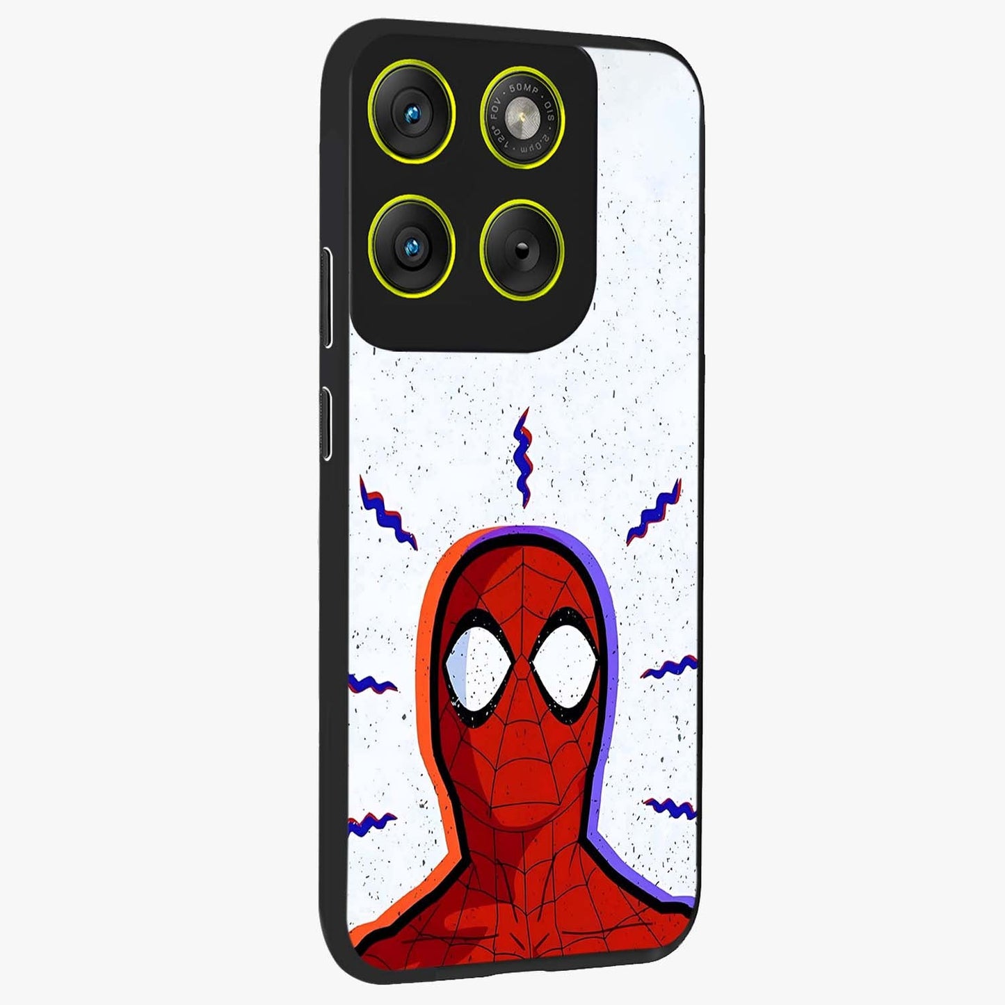 Omg Spiderman Glass Case upright view showcasing energetic superhero artwork with vibrant comic theme.