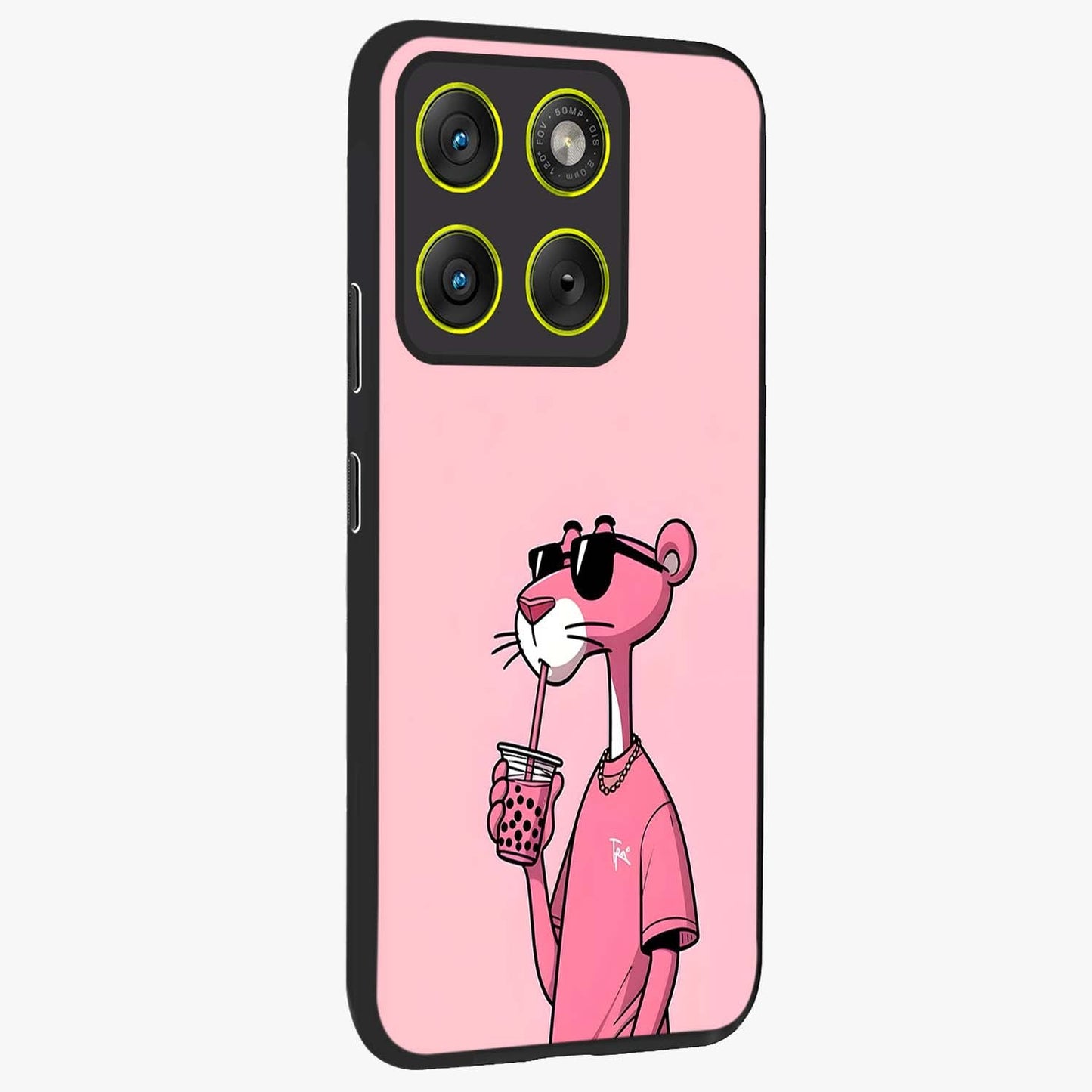 Pink Panther Glass Case upright view showcasing fun animated artwork with stylish retro cartoon theme.