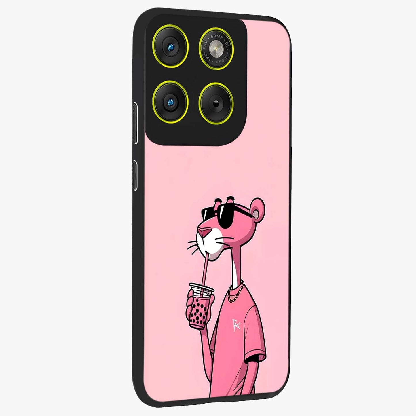 Pink Panther Glass Case upright view showcasing fun animated artwork with stylish retro cartoon theme.