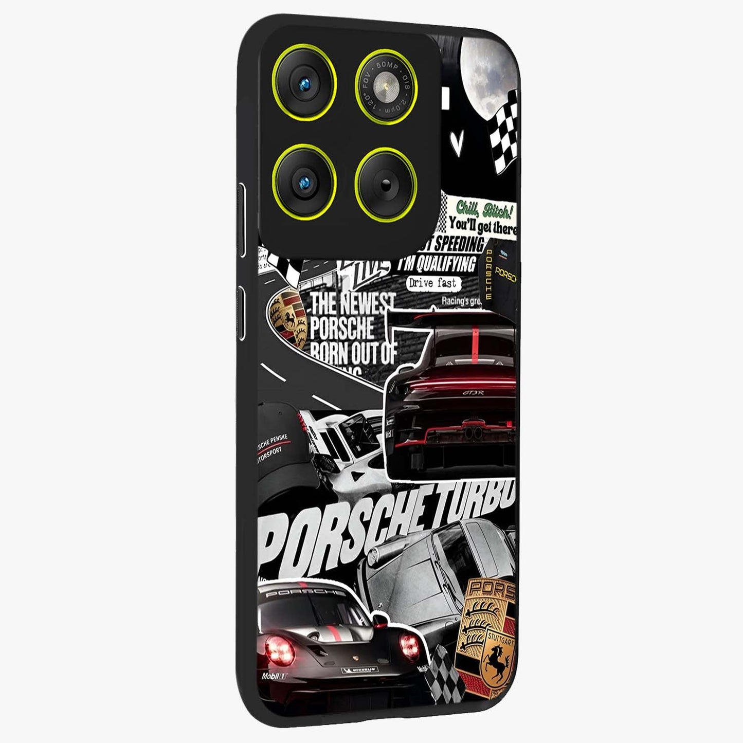 Porsche Racing Collage Glass Case upright view showcasing energetic car collage artwork with high speed racing theme.
