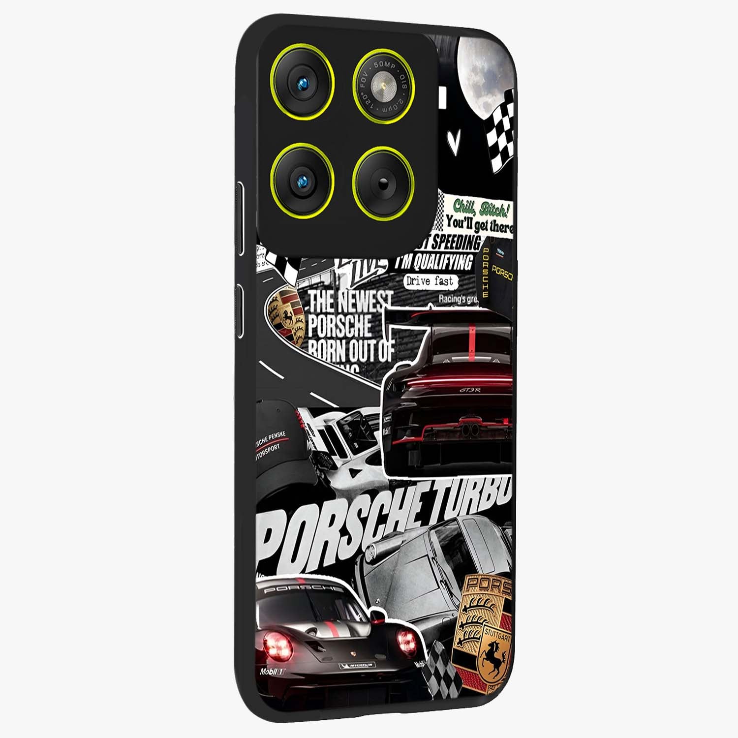 Porsche Racing Collage Glass Case upright view showcasing energetic car collage artwork with high speed racing theme.