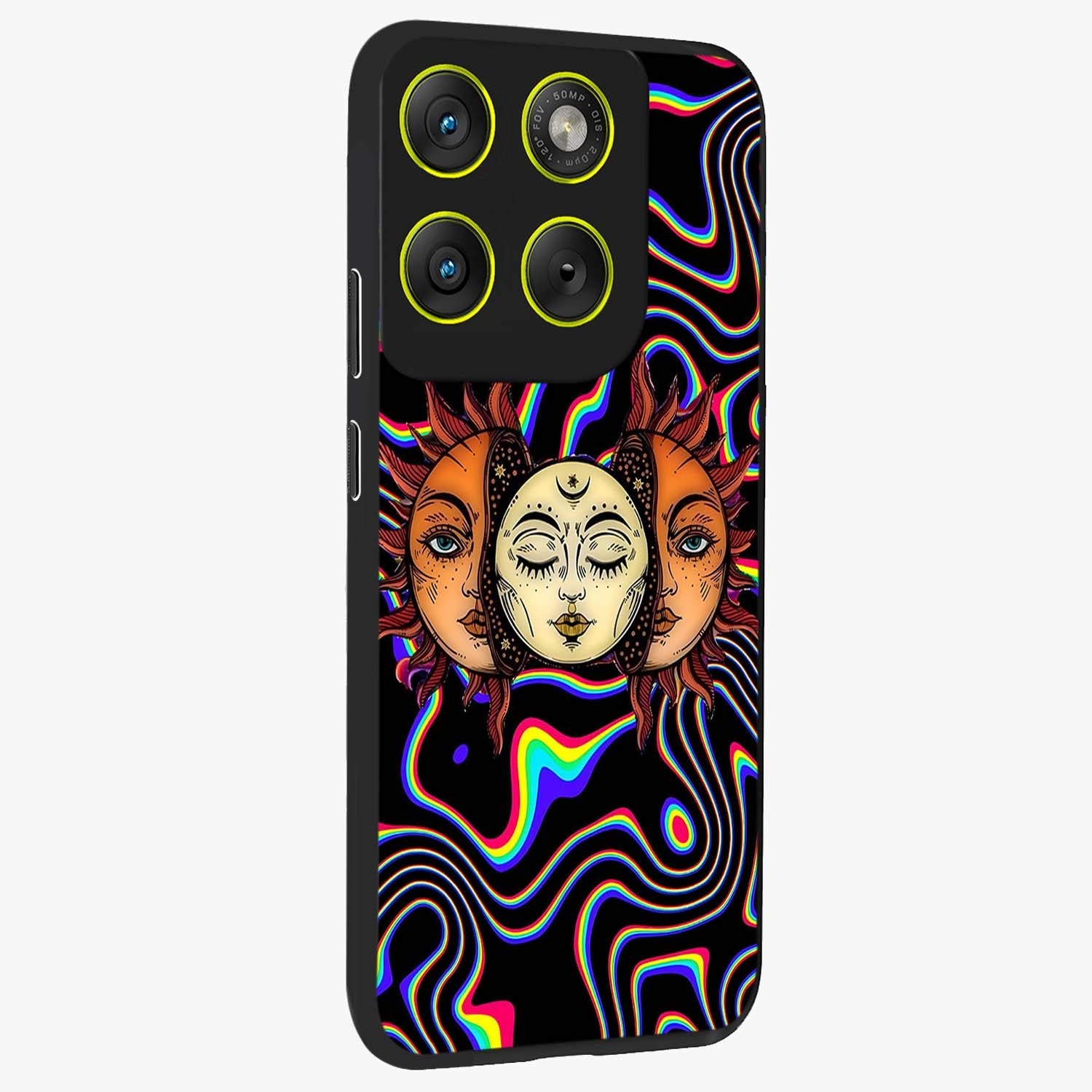 Psychedelic Sun Glass Case upright view showcasing trippy sun artwork with bold psychedelic theme.