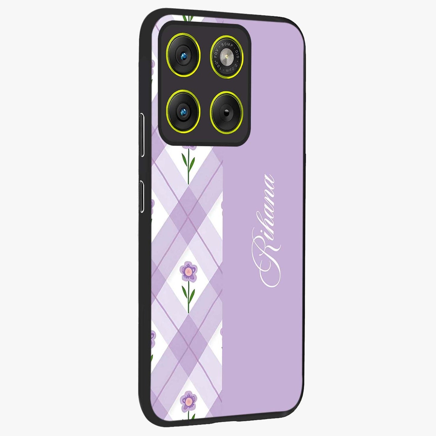 Purple Diamond Floral Glass Case upright view showcasing vibrant floral artwork with stylish geometric theme.