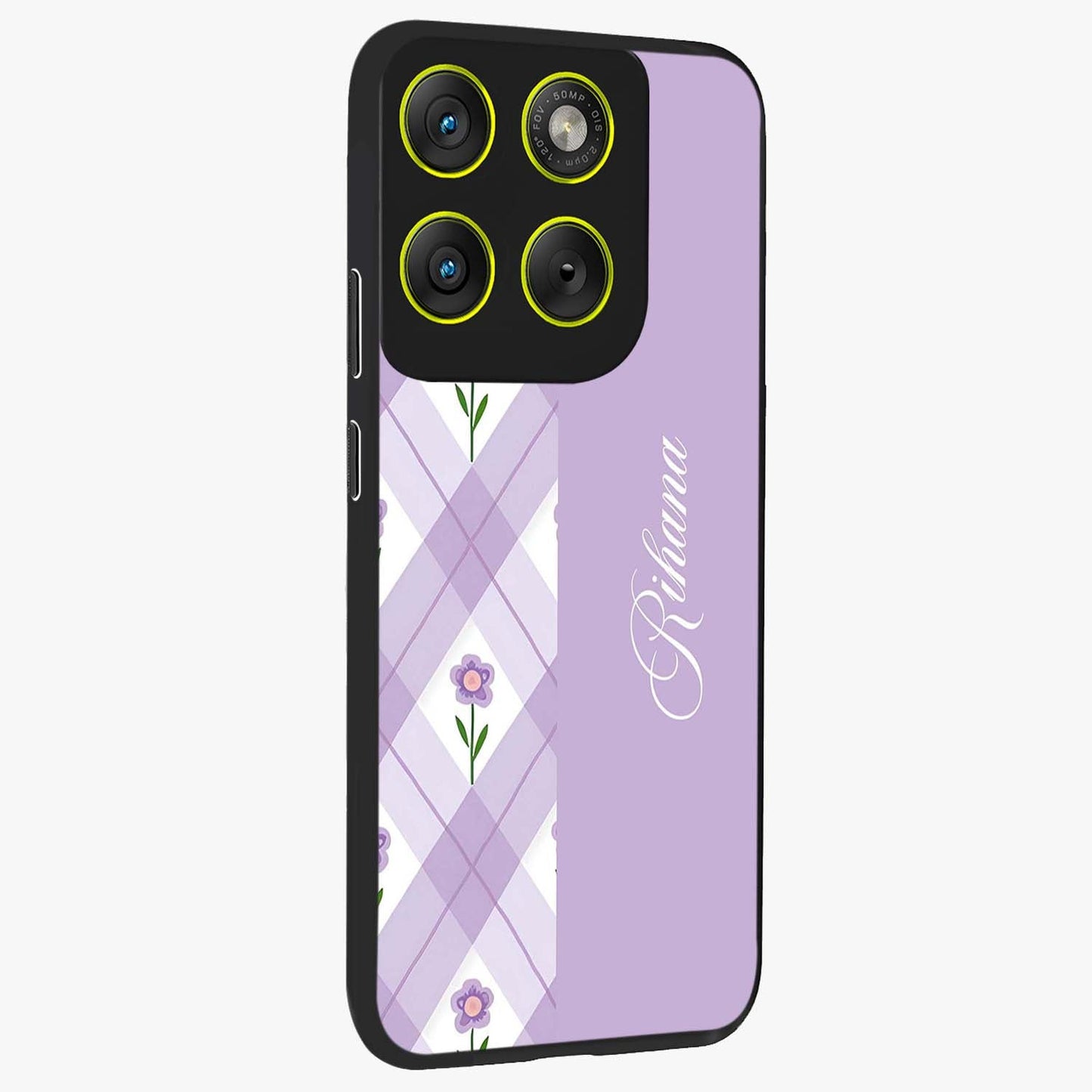 Purple Diamond Floral Glass Case upright view showcasing vibrant floral artwork with stylish geometric theme.