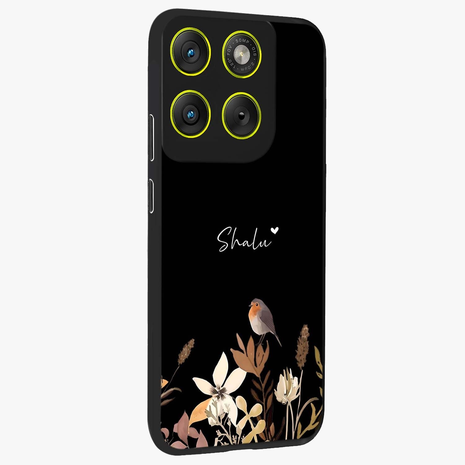 Quiet Garden Tune Custom Name Glass Case upright view showcasing serene botanical artwork with personalized aesthetic.