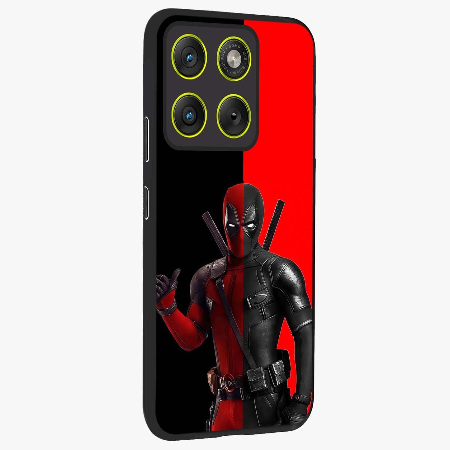 Red & Black Deadpool Theme Glass Case upright view showcasing energetic comic themed artwork with striking red and black design.