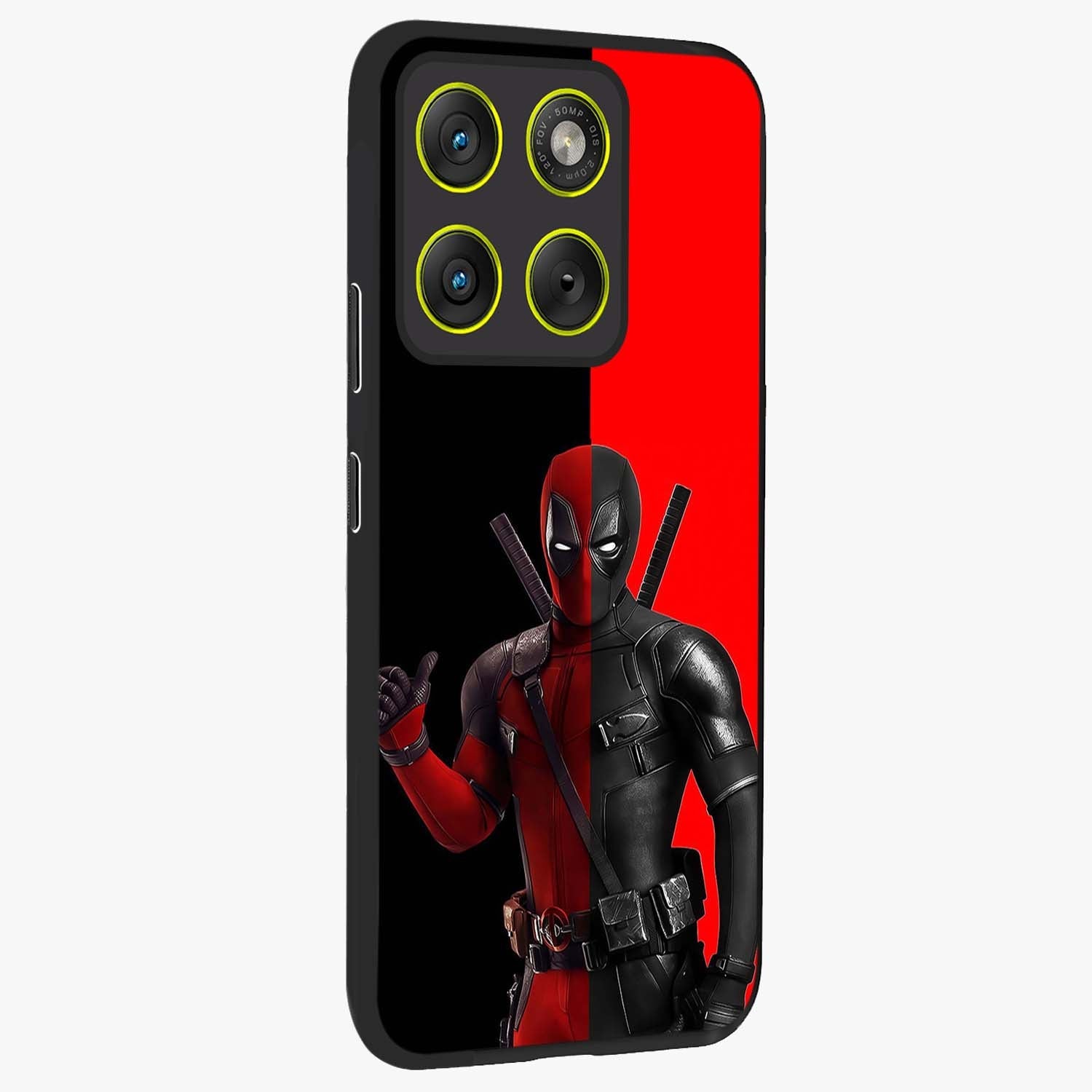 Red & Black Deadpool Theme Glass Case upright view showcasing energetic comic themed artwork with striking red and black design.
