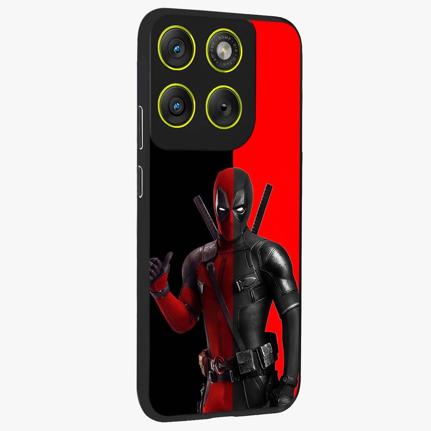 Red & Black Deadpool Theme Glass Case upright view showcasing energetic comic themed artwork with striking red and black design.