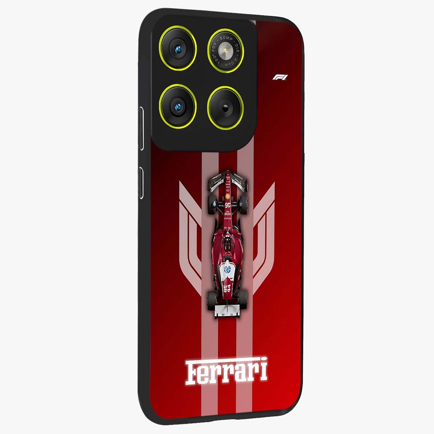 Red Ferrari F1 Vertical Glass Case upright view showcasing powerful Formula car artwork with dynamic motorsport theme.