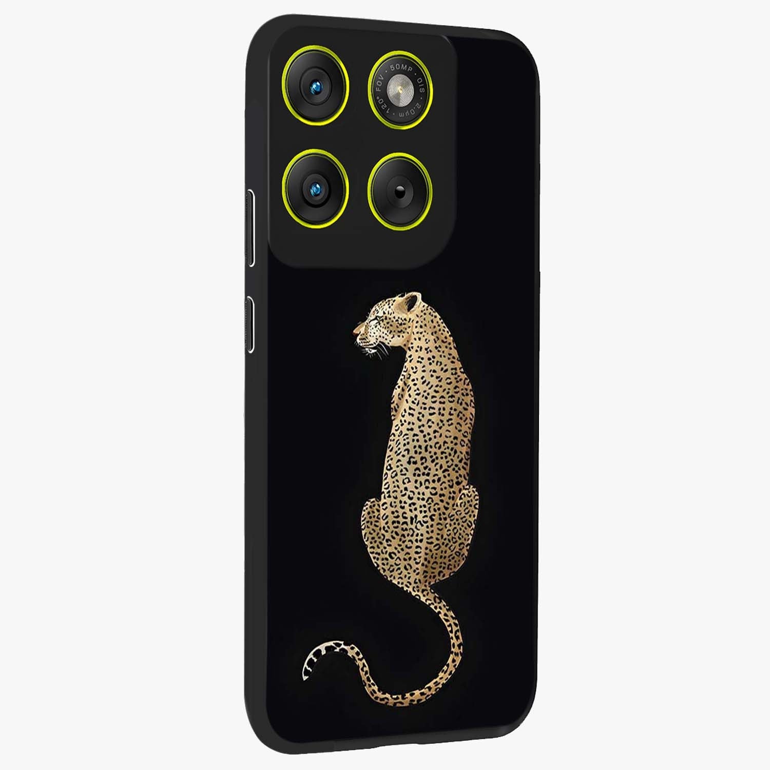 Regal Leopard Glass Case upright view showcasing striking leopard artwork with fierce wildlife theme.
