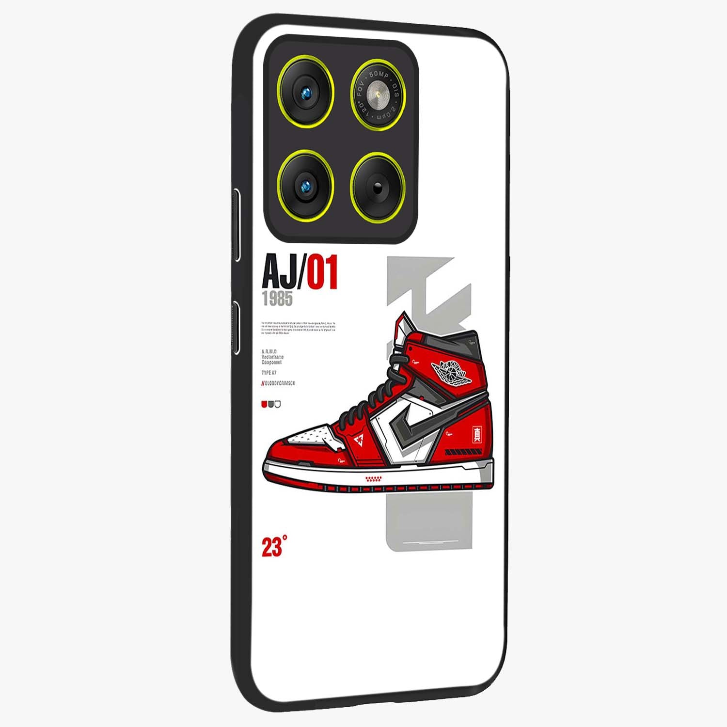 Retro Sneaker Blueprint Glass Case upright view showcasing stylish sneaker illustration with vintage streetwear theme.