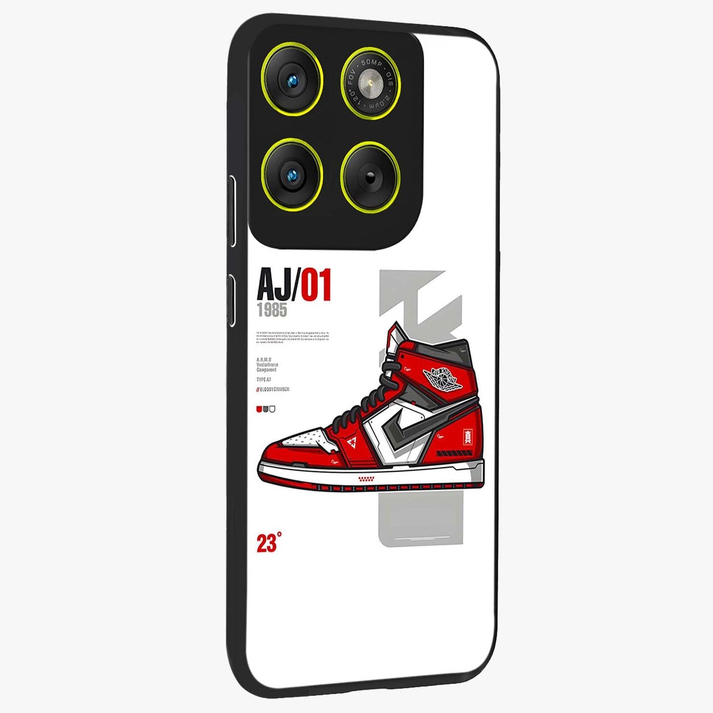 Retro Sneaker Blueprint Glass Case upright view showcasing stylish sneaker illustration with vintage streetwear theme.
