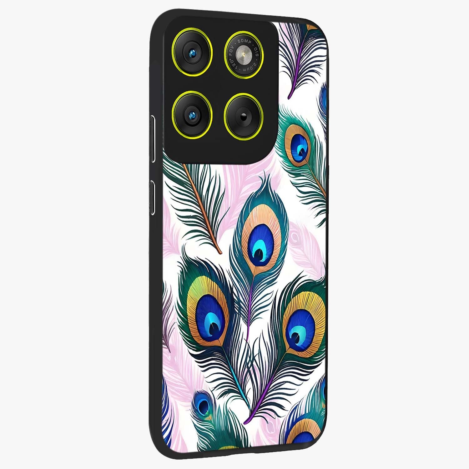 Royal Peacock Feathers Glass Case upright view showcasing elegant peacock feather artwork with decorative royal theme.