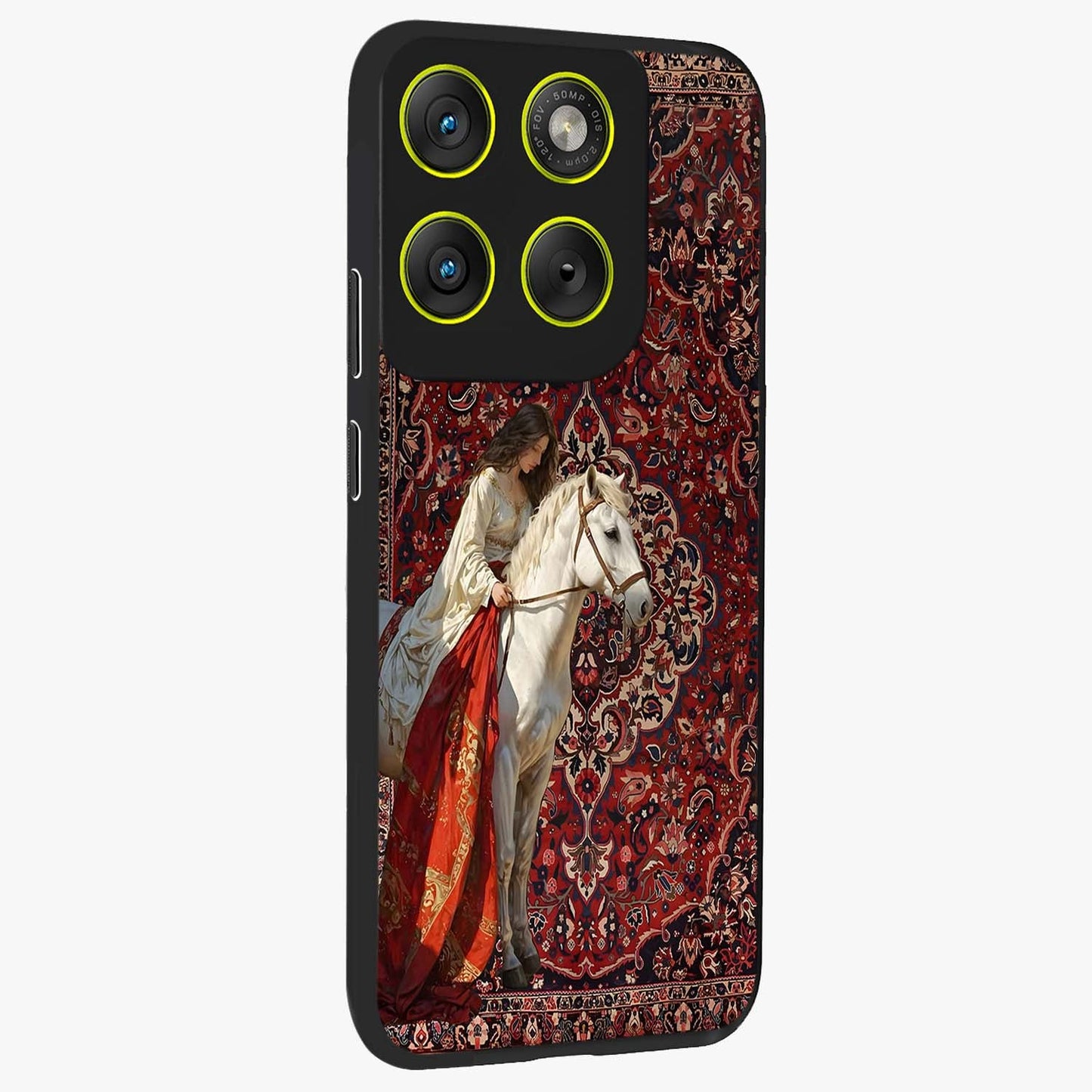 Royal Rider Tapestry Glass Case upright view showcasing detailed rider artwork with classic tapestry theme.