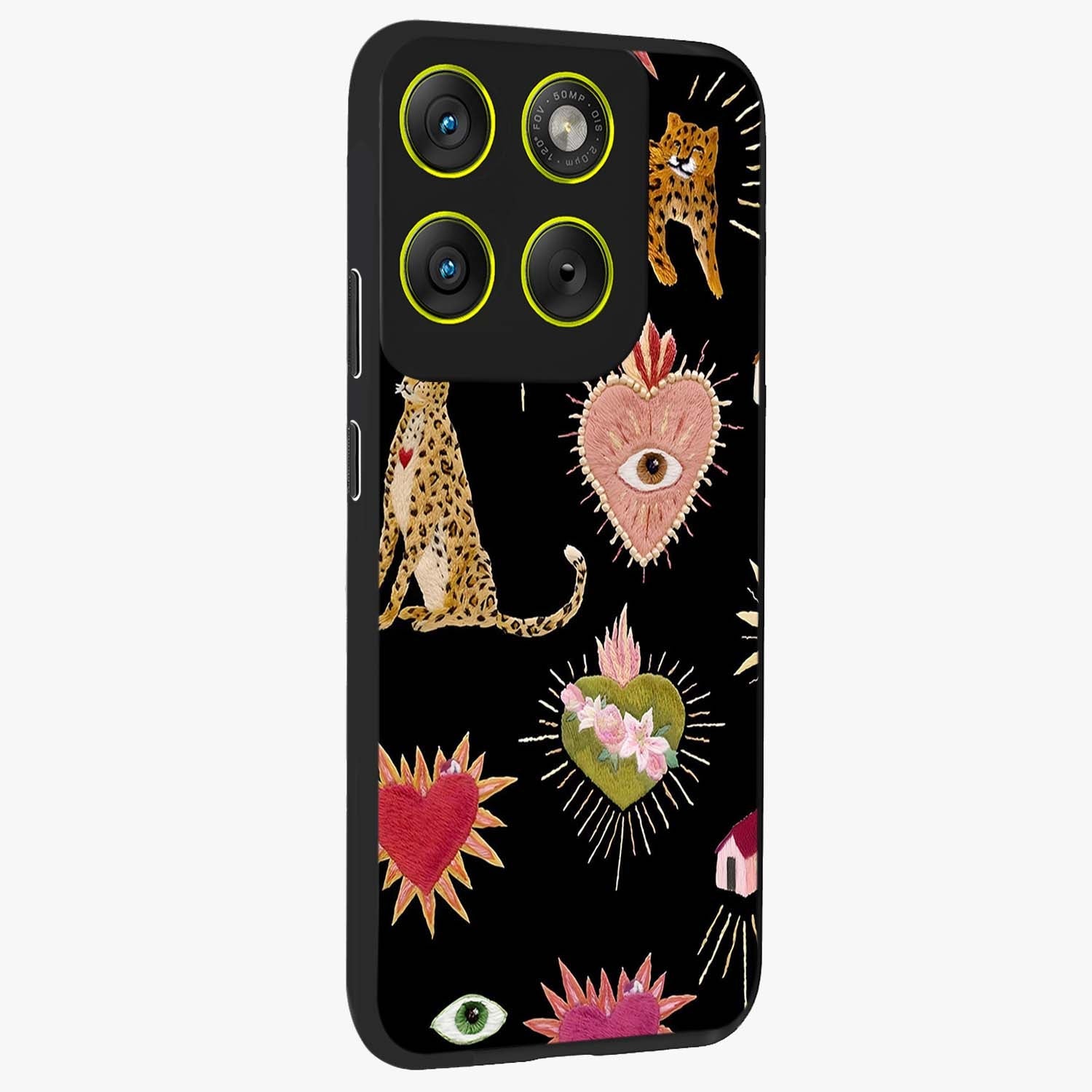 Sacred Jungle Heart Glass Case upright view showcasing vibrant jungle artwork with symbolic heart theme.