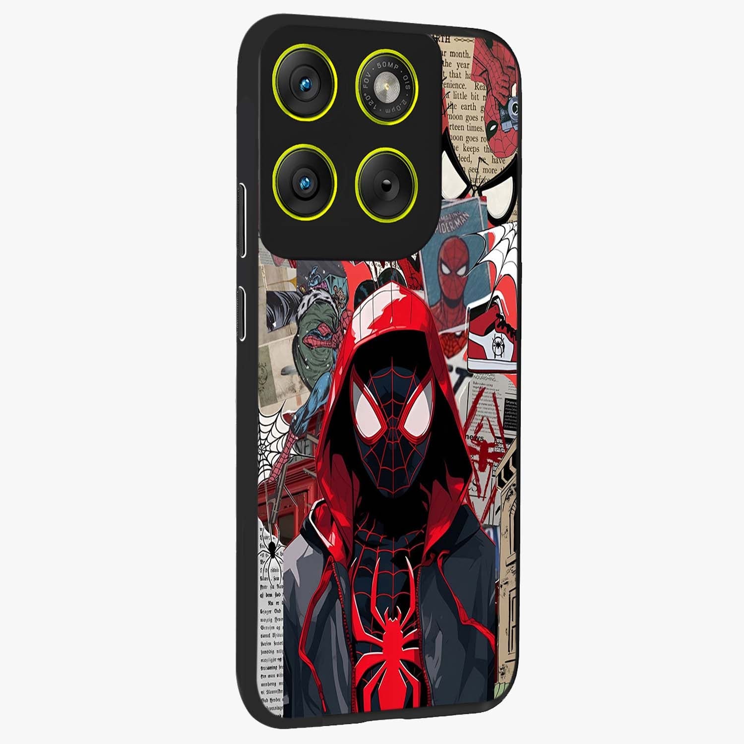 Spider Collage Street Glass Case upright view showcasing bold superhero artwork with urban street theme.