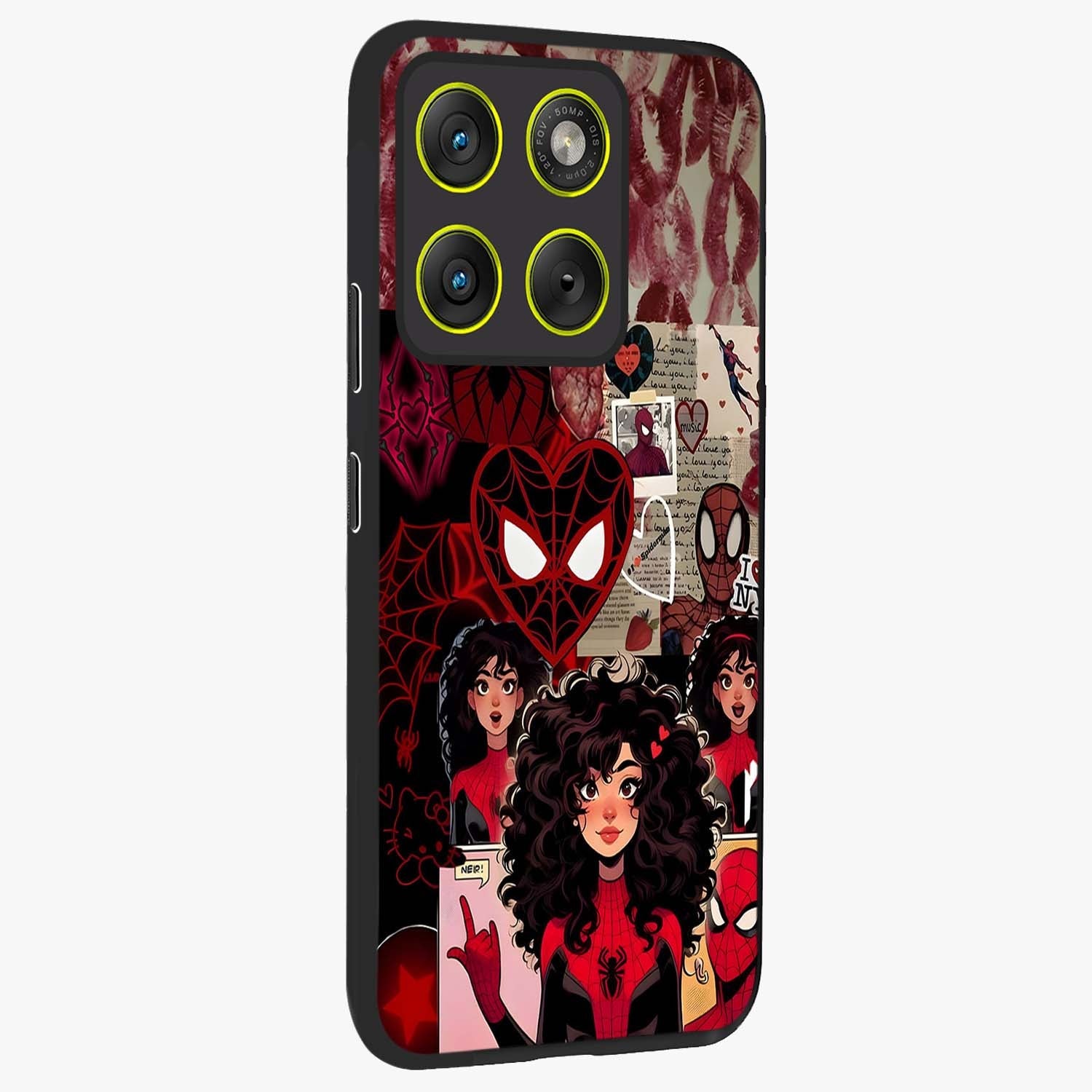 Spider Love Story Glass Case upright view showcasing charming superhero artwork with romantic comic theme.