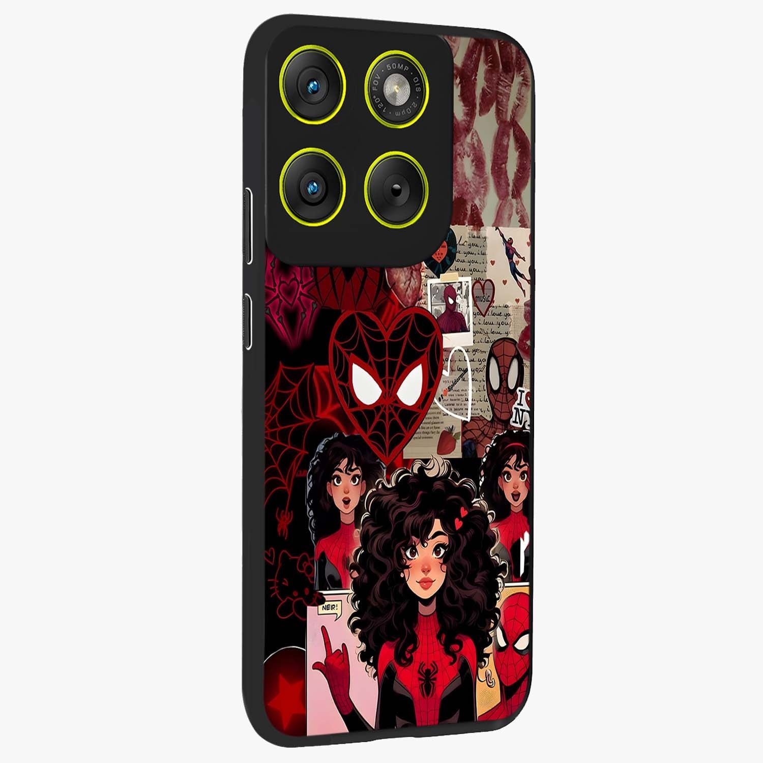 Spider Love Story Glass Case upright view showcasing charming superhero artwork with romantic comic theme.