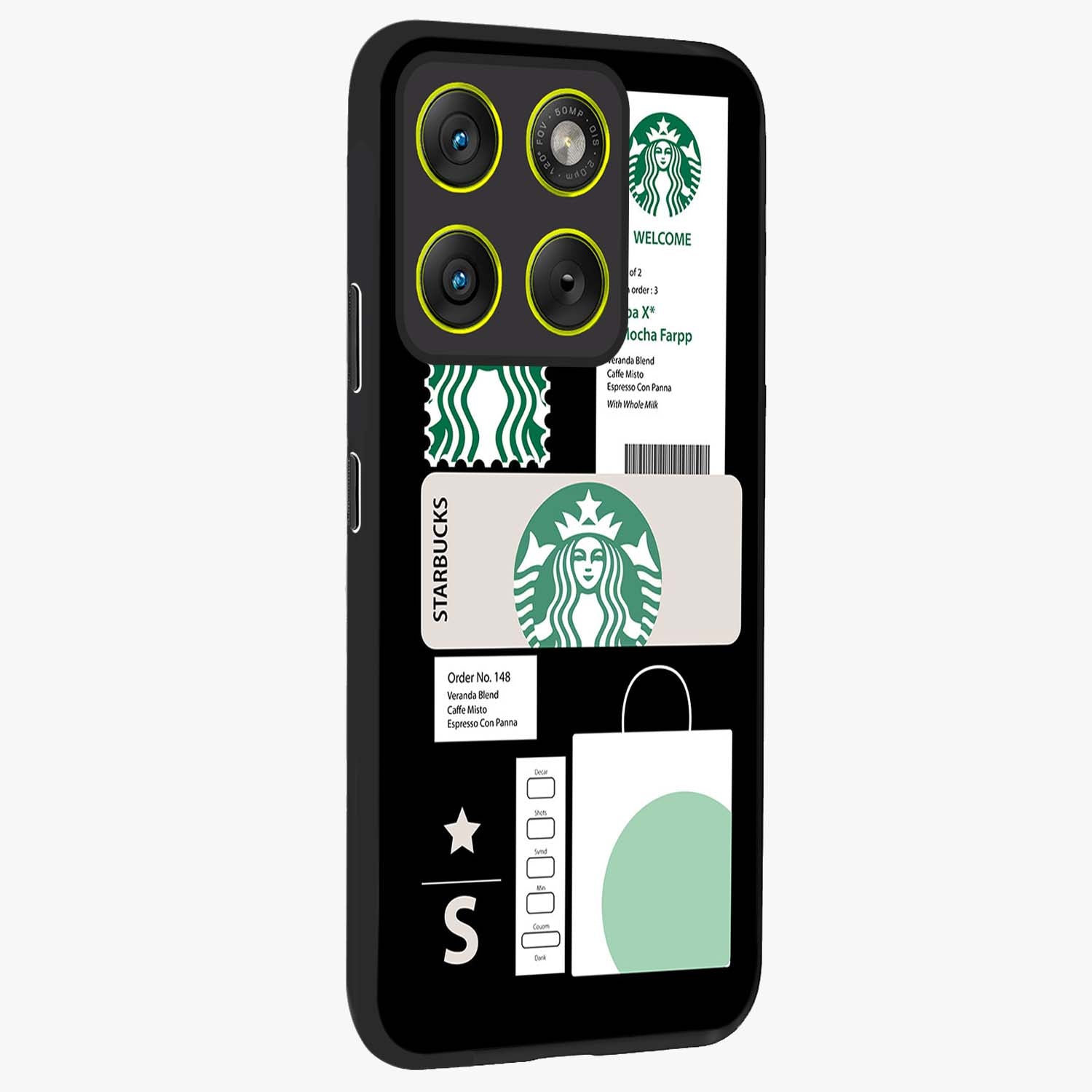 Starbucks Mocha Glass Case upright view showcasing trendy coffee inspired artwork with modern lifestyle theme.